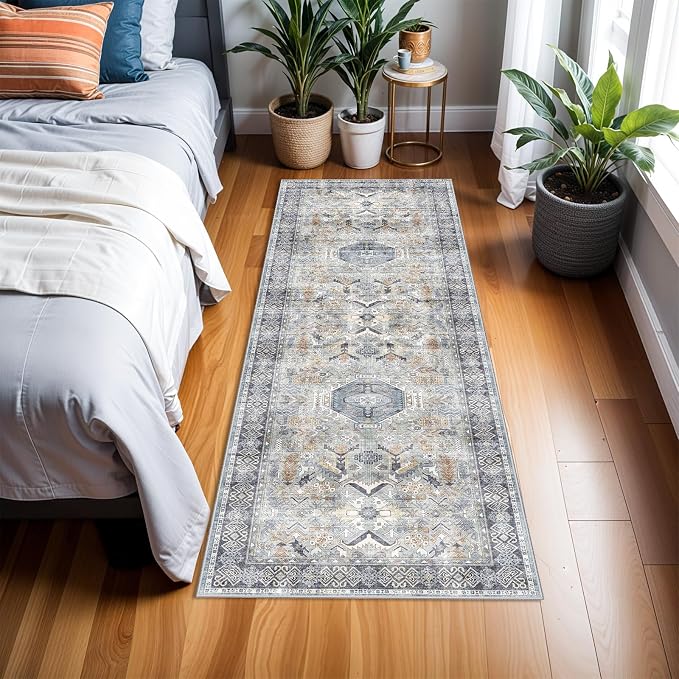 Washable 2x6 Kitchen Runner Rug - Hallway Rugs Low Pile Entryway Carpet Vintage Farmhouse Soft Thin Non-Slip Stain Resistant Indoor Floor Mat Home Decor for Bedroom Laundry Room(Grey/Blue, 2x6)