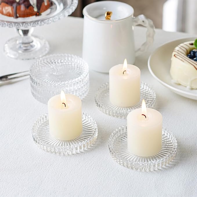 6PCS Pillar Candle Holder Plates, 4'' Glass Candle Dish, Round Candle Stand
