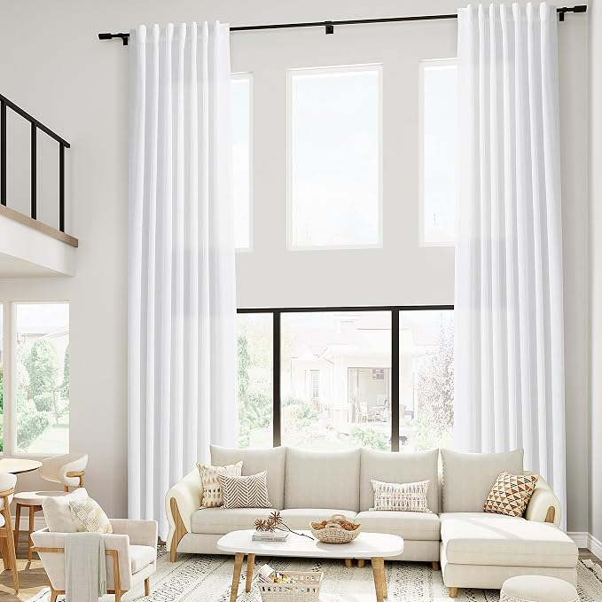 White Linen Curtains 216 Inches Long for Living Room Extra Long Back Tab Curtains Farmhouse Light Filtering Semi Sheer Linen Drapes Ceiling to Floor for Large Window 2 Panels Set 52x216