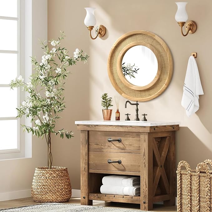 JJUUYOU Wooden Mirror Circle Mirrors for Wall 20 Inch Circular Hanging Mirrors with Wood Frame for Living Room Bathroom Vanity Entryway Hallway