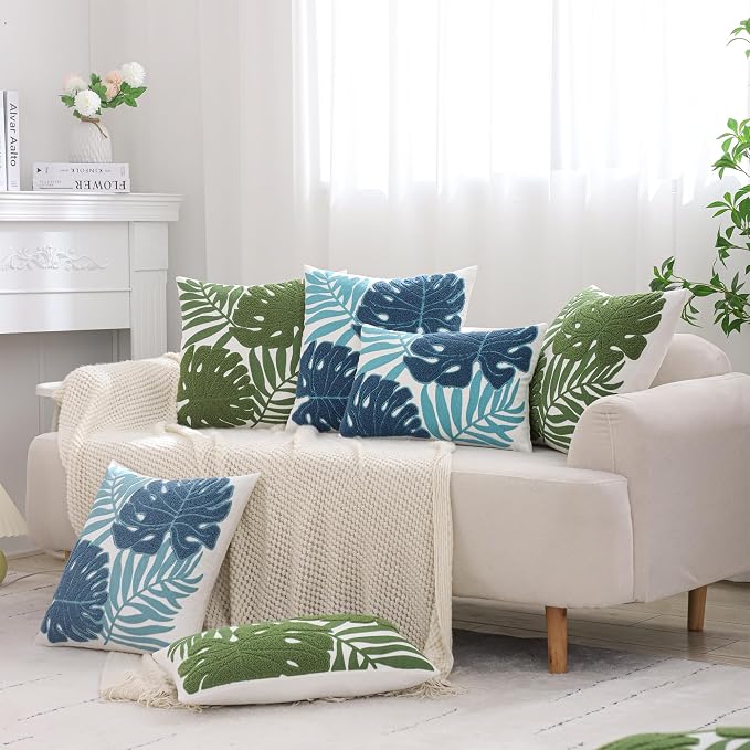 Embroidered Throw Pillow Covers 12x20 Pack of 2 Blue Botanical Leaf