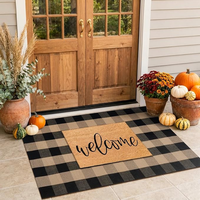LEEVAN Buffalo Plaid Outdoor Rugs 3x5, Black Tan Checkered Front Porch Rug | Washable Woven Welcome Layered Modern Farmhouse Entryway Front Door Mat for Kitchen Bathroom Patio Porch Decor