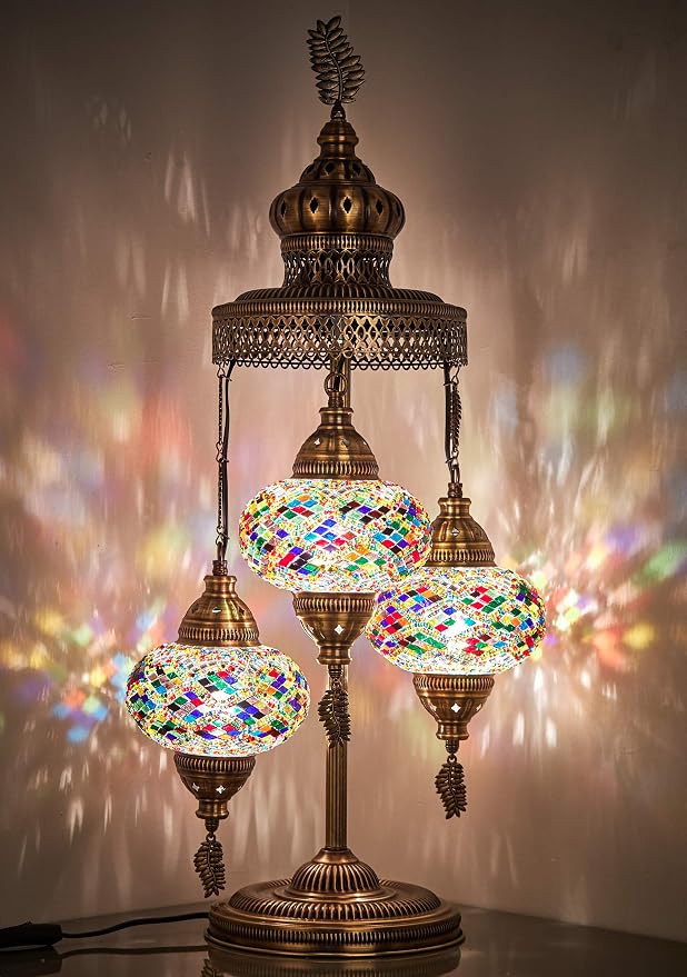 DEMMEX 3 Big Globes XL Magnificent Handmade Turkish Moroccan Mosaic Tiffany Style Table Desk Bedside Lamp Lampshade Exotic Night Accent Light for North American Use, 31" Height