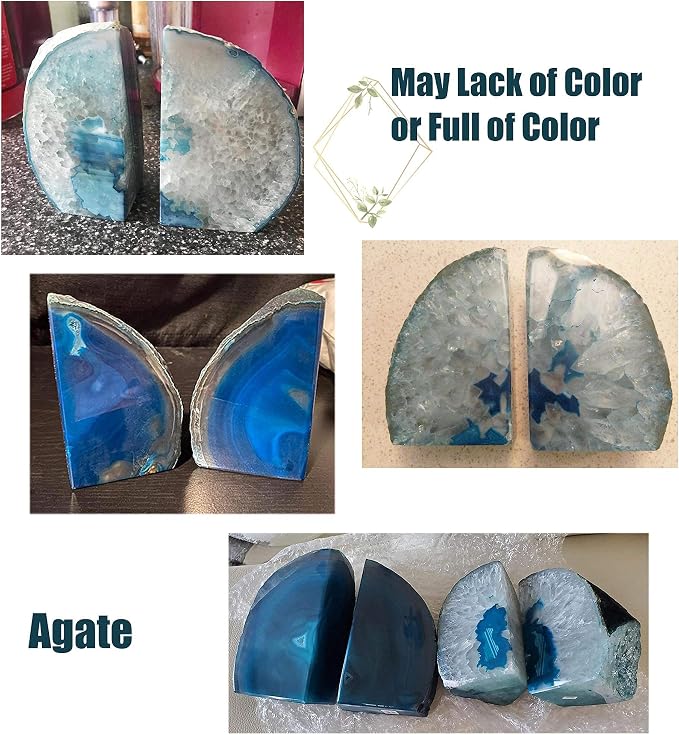 Teal Agate Bookends Heavy Duty Geode Stone Book End Holders Decorative | Polished Stone Book Stoppers Supports Home Office Decor with Rubber Bumpers Dyed Teal 1 Pair, 3-4 LBS