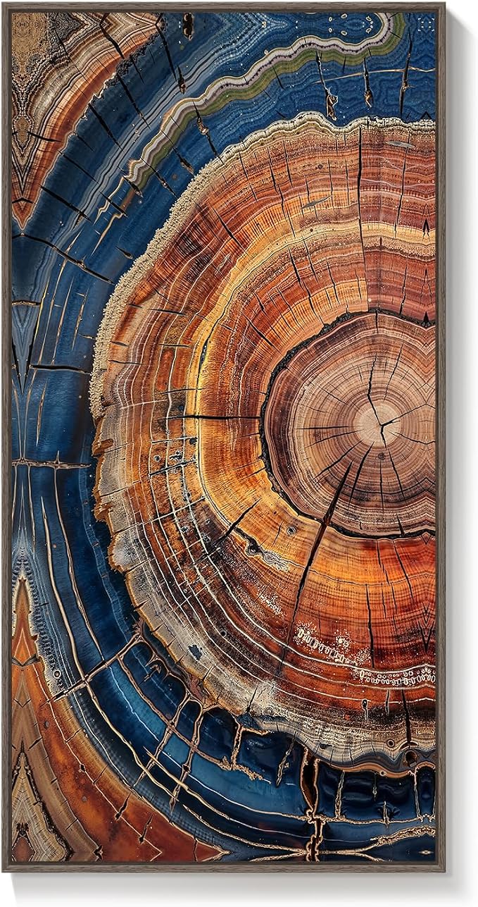 Framed Vertical Vintage Rustic Tree Ring Wall Art for Living Room, 20x40 In | Farmhouse, Nature, Rustic, Wood grain, Large, Office wall art, Foyer wall decor, Ready to hang, Wood frame, Canvas artwork