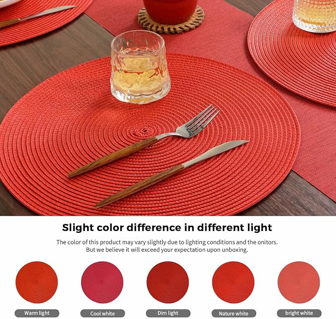 FunWheat Round Braided Placemats Set of 6 Table Mats for Dining Tables Woven Washable Non-Slip Place mats 15 inch (red, 6pcs)