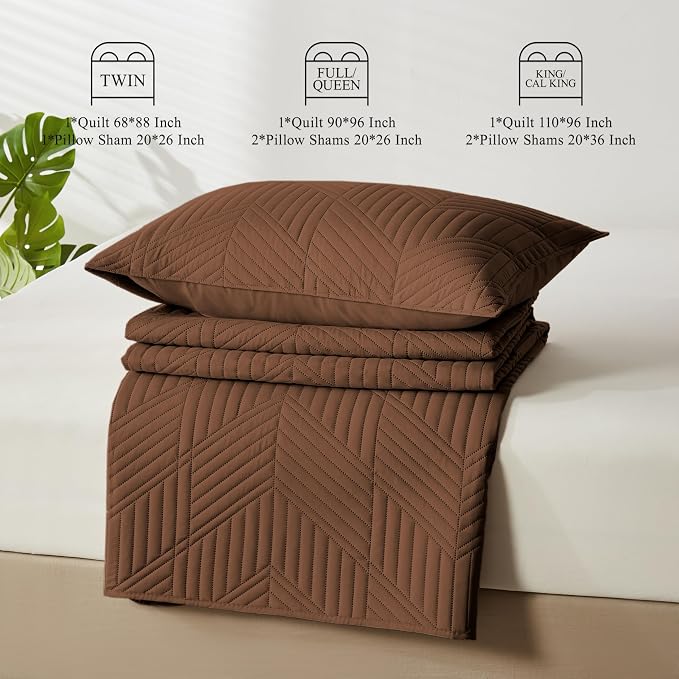 Davulos King/Cal King Quilt Set in Brown, Soft Reversible Microfiber Bedspread for All-Season Use in Bedroom or Dorm, Lightweight Modern Geometric Coverlet (1 Quilt, 2 Pillow Shams)