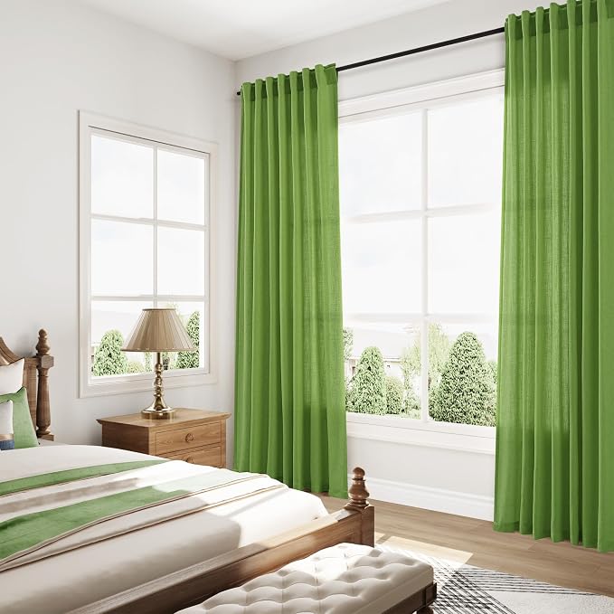 Lime Green Linen Blend Light Filtering Back Tab Curtains 102 Inches Long, Semi Sheer Privacy Drapes for Living Room & Bedroom, 52x102 inch, 2 Panels