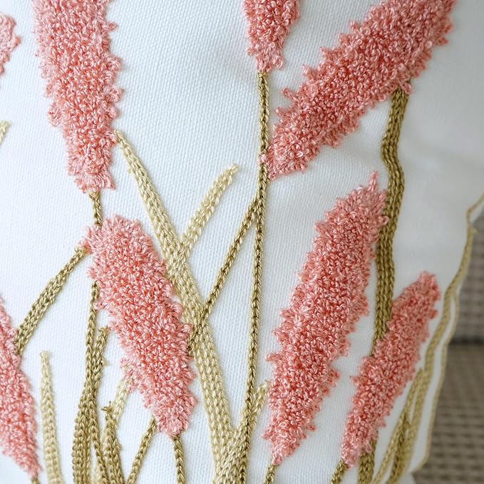 vctops Farmhouse Pampas Grass Cotton Tufted Throw Pillow Cover Boho Embroidery Pillowcase Soft Square Cushion Case for Sofa Couch Bed Chair (Dark Pink,18"x18")