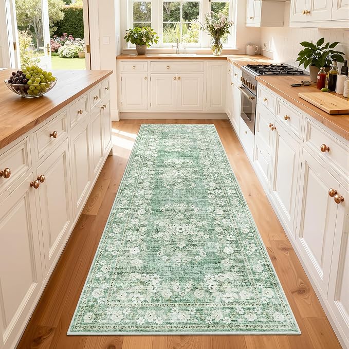 GarveeHome 2x6 Runner Rug for Hallway Sage Green Vintage Floral Carpet | Low Pile Machine Washable Non-Slip Botanical Accent Mats Boho Flower Bordered Throw Long Rug for Kitchen Bathroom Laundry