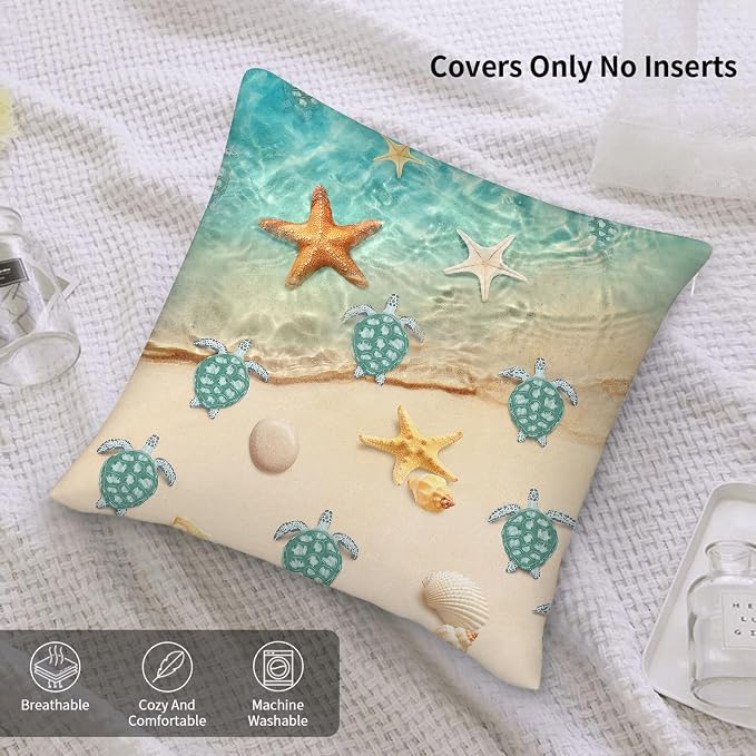 Sea Turtles Beach Throw Pillow Covers Set of 2, Teal Nautical Decorative Pillow Cases, Nautical Teal Living Room Decor, Cute Outdoor Cushion Covers for Sofa Bed Couch Chair 18x18