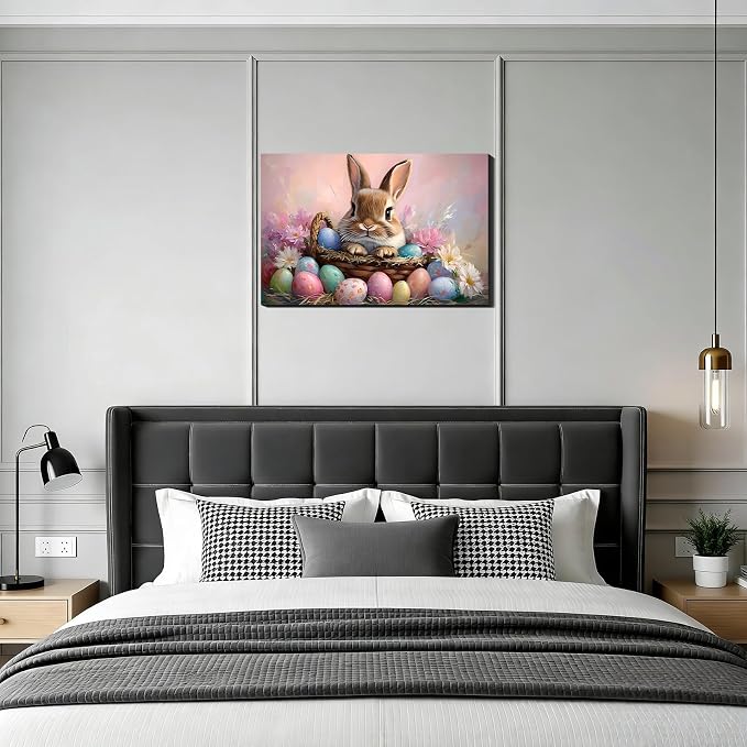 Vivid Easter Bunny Eggs Framed Canvas Wall Art for Bedroom, Colorful Easter Canvas Prints Pictures Wall Decor for Home, Kitchen, Office, Bar Artistic Wall Decorations, Ready to Hang