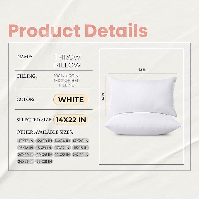 Utopia Bedding 14x22 Pillow Inserts, White Throw Pillows for Couch, 2 Pack | Indoor cushion inserts for bed, sofa & couch, Supportive & fluffy decorative pillows for everyday comfort, Set of 2, White