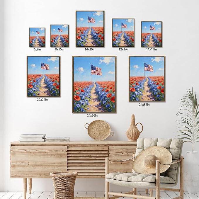 American Flag Framed Canvas Wall Art, 4th of July Patriotic Canvas Prints | Wildflower Field Landscape Poster Print, Vintage Rustic Independence Day Wall Decor for Bedroom Living Room 24×36in