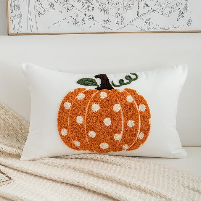 Fall Pumpkins Pillow Covers 12x20 Inch Dots Pumpkin Embroider Decorative Throw Pillowcases Farmhouse Autumn Seasonal Harvest Patio Cushion Cases for Sofa Couch Home