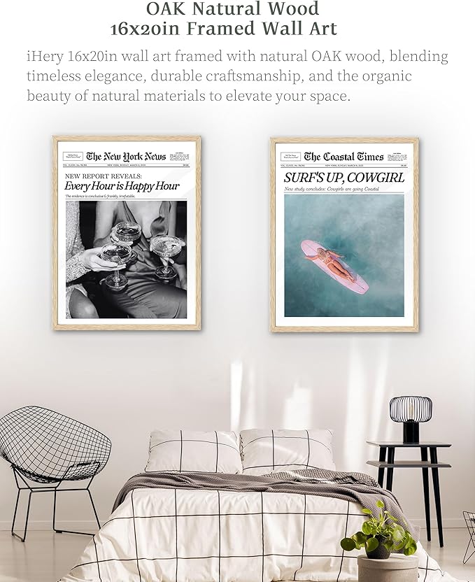 iHery 16x20in Surf’s Up Cowgirl Framed Newspaper Wall Art | Natural OAK Wood Frame with Canvas Print, Coastal Western Decor for Bedroom, Girl Dorm, Living Room and Bar Cart, 1Pack