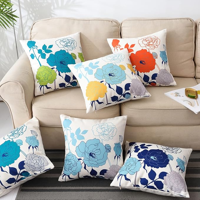 Turquoise Yellow Floral Pillow Covers 16x16 Set of 2 Cotton Linen | Durable Thick Cotton Linen Material, Soft Breathable Floral Decor, Suitable For Spring Summer Couch Bed & Outdoor Patio Porch