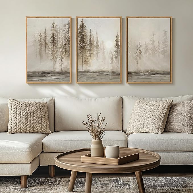 Framed Neutral Abstract Pine Tree Landscape Wall Art Bedroom, 16x24 Inch | 3 piece, Modern, Canvas artwork, Nature forest picture, Farmhouse wall decor, Home office art, Ready to hang, Wood frame