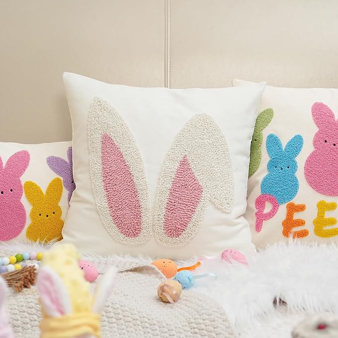 GEEORY Embroidered Easter Bunny Ears Pillow Cover 16x16 Inch, Spring & Easter Decorations Farmhouse Home Decor Throw Pillow Case for Sofa & Bed GX015-1-16