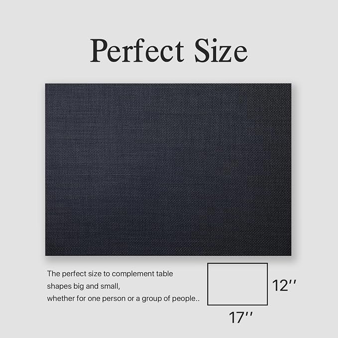 Placemats Set of 12 - Easy Clean Woven Vinyl Placemats for Dining Table, Indoor/Outdoor Place Mats, Washable PVC Table Mats(Black)