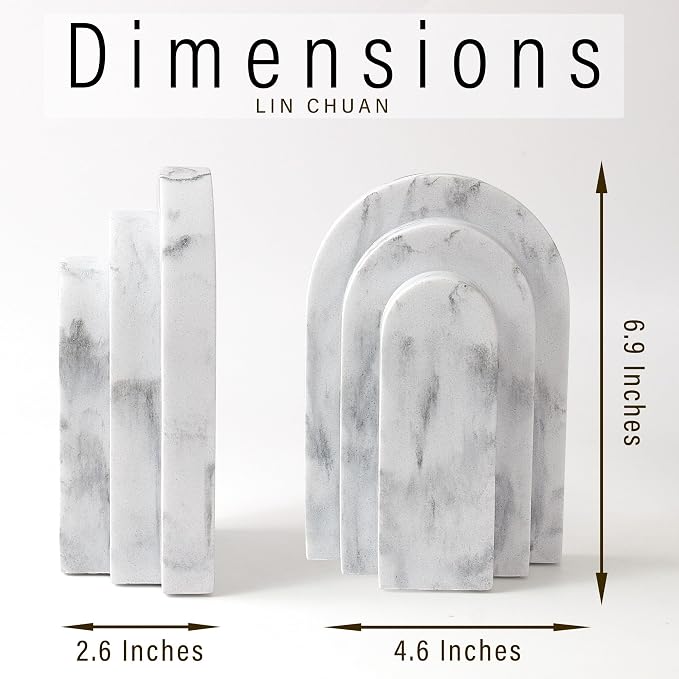 LIN CHUAN Heavy Duty Bookends for Shelves, Set of 2, Marble White Look | Book Ends for Heavy Books, Decorative Book Stopper with Faux Sandstone Finish, Layered Arch Design Bookshelf holder, 6.6 lbs