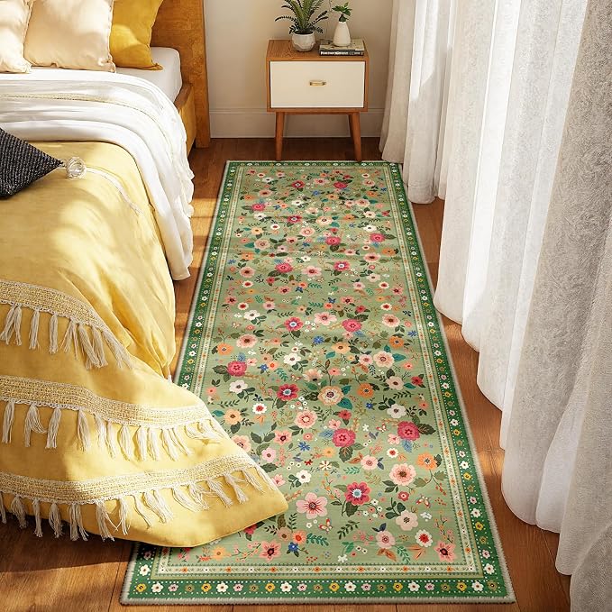 Washable Floral Area Rug for Living Room Runner 2x6 Light Green | Non-Slip,Vacuum-Friendly, Low Pile, Flower Carpet for Bedroom Kitchen Entryway Dining Room Office Nursery