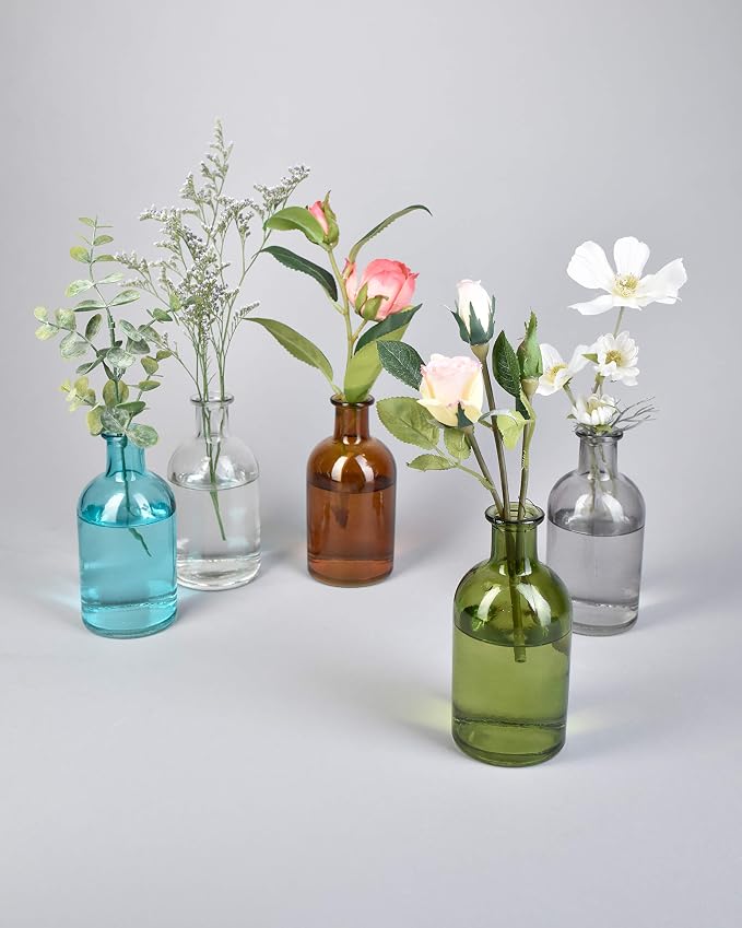 Bud Vases, Apothecary Jars, Decorative Glass Bottles, Centerpiece for Wedding Reception, Elegant Antique Decoration, Mini Flower Vases, Small Medicine Bottles for Home Decor (Smoke Gray, Set of 6)