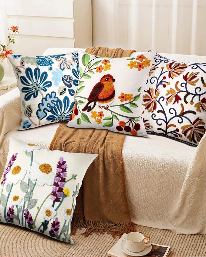 Embroidered Throw Pillow Cover - 18x18 Decorative Pillow Cover with Zipper Aesthetic Cute Design Boho Spring Summer Throw Pillowcase for Living Room Couch Sofa Bed, Tree Bird