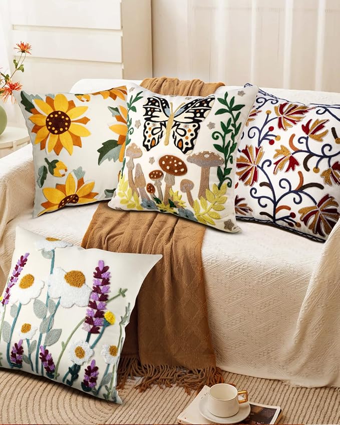 Embroidered Throw Pillow Cover - 18x18 Decorative Pillow Cover with Zipper Aesthetic Cute Design Boho Spring Summer Throw Pillowcase for Living Room Couch Sofa Bed, Butterfly Moon