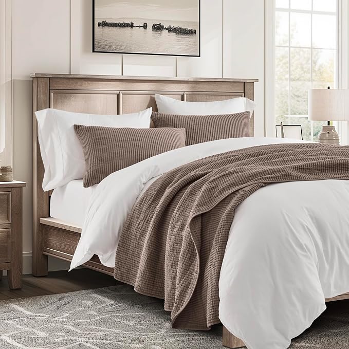 EVERGRACEHOME Cotton Ribbed Matelassé Coverlet Set, King Size, Mocha Brown | Soft Lightweight Bedspread, 3 Pieces, Breathable Cozy Oversized Quilted Bedding Set for All Seasons, with 2 Pillow Shams