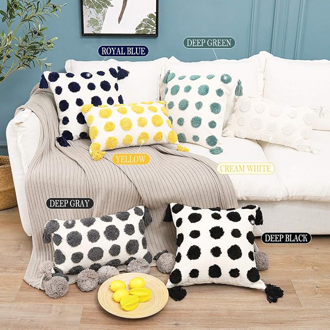 PLWORLD Boho Yellow Pillow Cover 18x18, Tufted Cream Chenille Cushion Case with Pom Poms & Tassels, 1PC Cover Only, No Insert