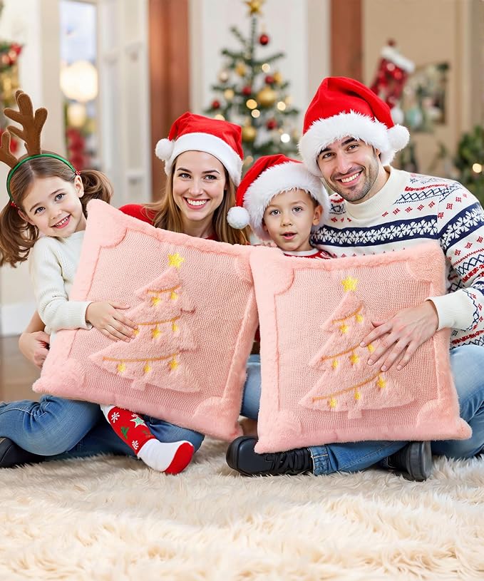 Christmas Pillow Covers Set of 2 Soft Plush Faux Fur Pillow Cases 3D Embroidered Decorative Couch Cover Home Decor Christmas Throw Pillow Covers 18x18,Pink Christmas Tree