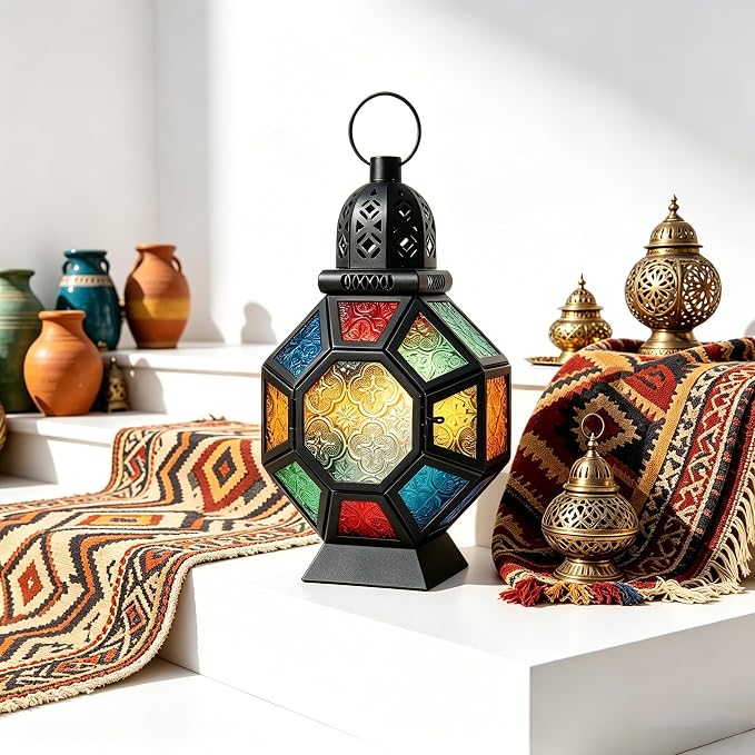 Vintage Large Size Decorative Ramadan Candle Lantern, 12’’ Metal Hanging&Tabletop Moroccan Stained Glass Lantern Candle Holder Decor, Decorations for Home Indoor Outdoor Patio (Colorful)