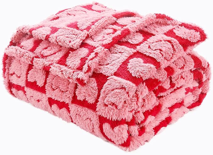 FY FIBER HOUSE Throw Blankets with Heart Checkered,Soft Warm Blankets for Lover Mom Father Friends Gifts,Washable Lightweight Fuzzy Blanket for Couch Sofa Bed All Season(Hot Pink & Pink,90"x108")