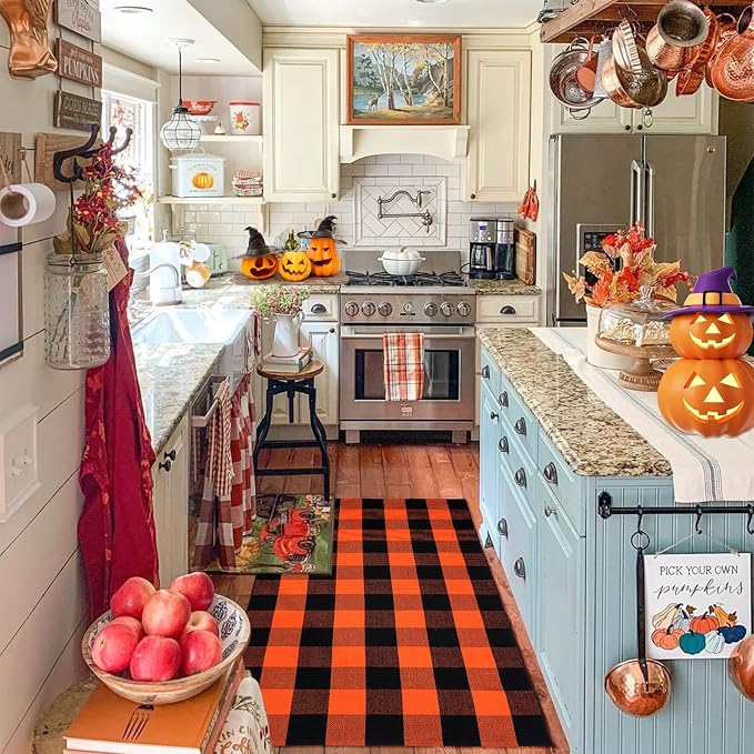 Halloween Buffalo Plaid Rug 3x5 Ft, Orange Black Indoor Outdoor Rug | Cotton Blend, Orange Black Checkered, Machine Washable, Layering Rug, Porch Entryway Decor