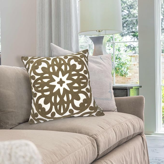Alysheer Embroidered Summer Decorative Throw Pillow Covers 18"x18" Set of 2, Classic Boho Mandala Green Pattern Cotton Canvas Chic Cushion Cases for Sofa Couch Bed Living Room Decor (Taupe Khaki)