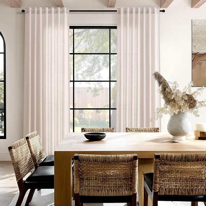 Natural White Linen Curtains 90 Inches Long for Living Room Light Filtering Semi Sheer Neutral Farmhouse Decor Curtains Back Tab Privacy Burlap Textured Curtain for Bedroom 52x90, 2 Panels