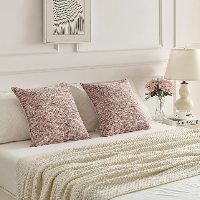 FUTEI Pack of 2 Chenille Tweed Vintage Throw Pillow Covers 18x18 Inch Soft Decorative Cushion Case Modern Farmhouse Accent for Couch Bed Living Room, Blush