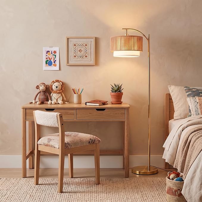 TJOY Arc Floor Lamp for Living Room, Boho Rattan & Fabric Shades