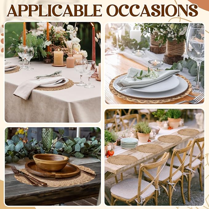 12 Pcs 15 Inch Round Burlap Placemat Boho Jute Woven Charger Bulk Rustic Vintage Natural Brown Heat Resistant Dining Table Mat for Wedding Farmhouse Home Kitchen Easter Summer Party Decoration