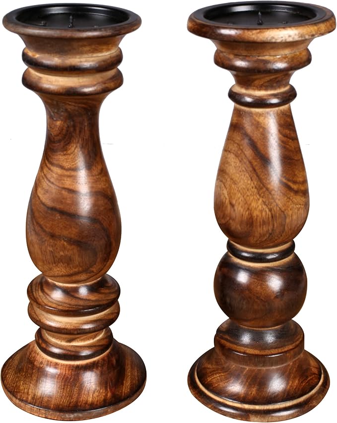 Farmhouse Wooden Tall Pillar Candle Holders - Set of 2, 12x4.5 inch Burnt