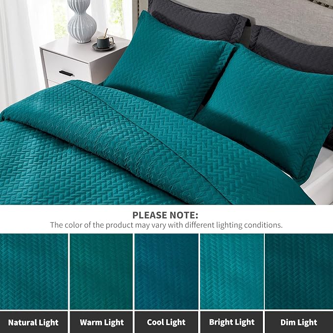 Maple&Stone Teal Quilt Set Queen Size, Lightweight Bedspread | Breathable Coverlet with Chevron Pattern, All-Season Dorm Bed Cover Set Bedding Decor 3 Piece