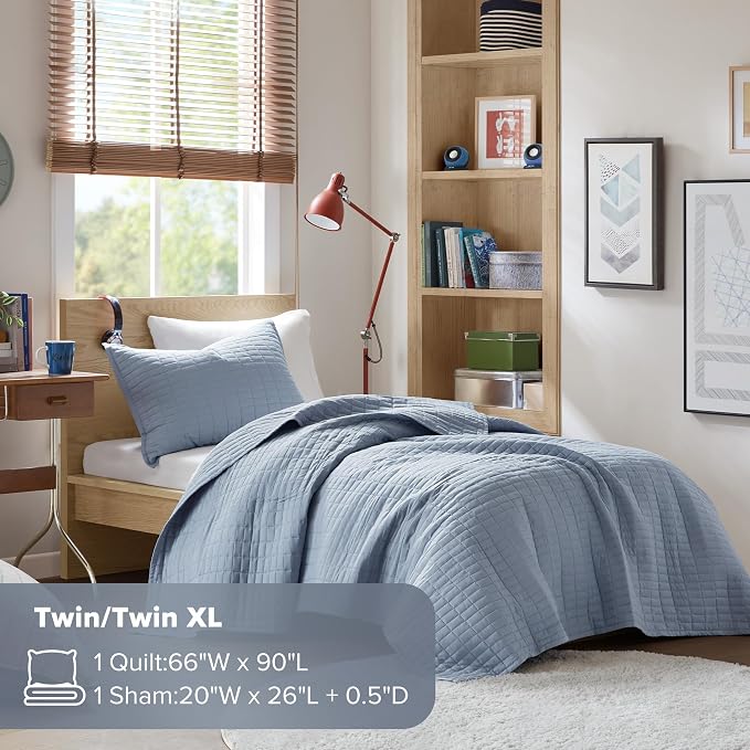 Comfort Spaces Kienna Twin Quilt Bedding Set 2 Piece, 66"x 90" Blue | Soft Cozy Lightweight Summer Twin XL Coverlet for College Dorm, Quilted Extra Layer, Modern Casual Bedroom Decor, OEKO-TEX