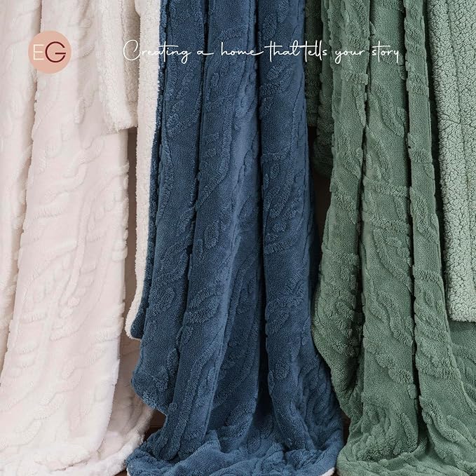 EverGrace Jacquard Reversible Sherpa Throw Blanket, 50" x 60", Bleach White | Jacquard Sherpa Throw Blanket, Super Soft, Cozy Plush Blanket, Reversible Thick Warm Throw for Bed, Sofa, Living Room