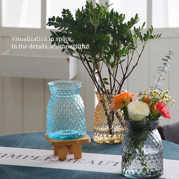 OFFIDIX Glass Vase, 6.2 * 3.5in Large Mouth Shape Geometric Faceted Design Flower Vase for Weddings,Events,Decorating,Office,Home Decor