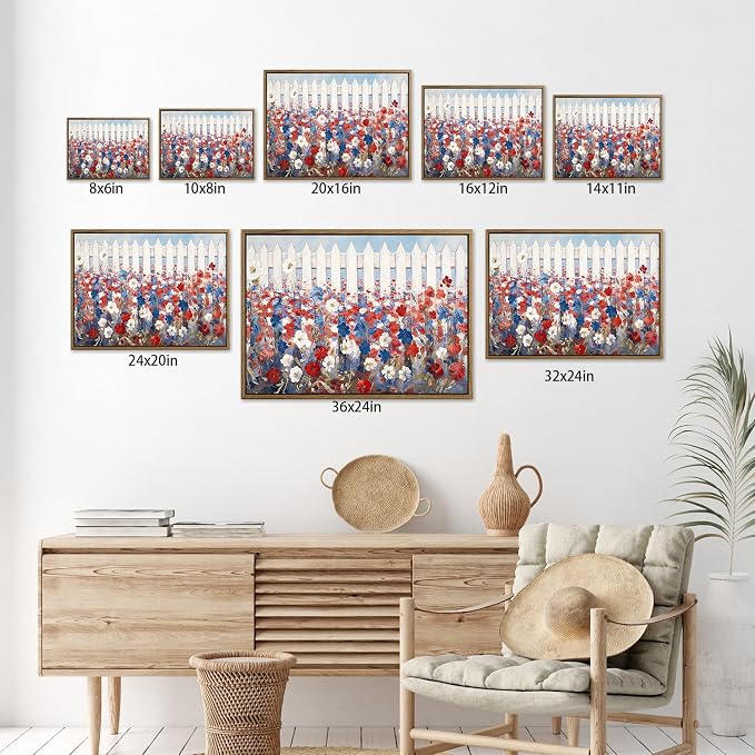 American Flag Framed Canvas Wall Art, 4th of July Patriotic Canvas Prints | Vintage Rustic Landscape Poster Print, Independence Day Wall Decor for Bedroom Living Room Dining Room Office 20×24in