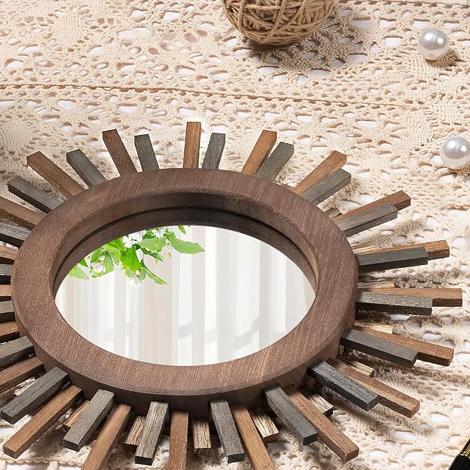 12 Inch Boho Sunburst Mirror, Decorative Rustic Farmhouse Wall Decor for Living Room, Bedroom, Bathroom, Hallway - Tricolor Wood Frame