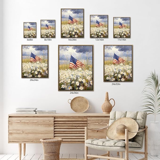 American Flag Framed Canvas Wall Art, 4th of July Patriotic Canvas Prints | Wildflower Landscape Poster Print, Vintage Rustic Independence Day Wall Decor for Bedroom Living Room Office 16×20in
