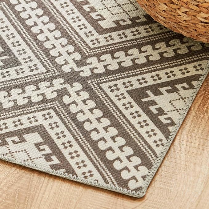 jinchan 8x10 Faux Jute Area Rug Washable Vintage Tile-Inspired, Stone Taupe | Vintage Geometric, Non-Slip, Low Pile, Indoor Outdoor, Natural Fiber Look, Living Room, Dining Room, Backyard, Bedroom, Patio