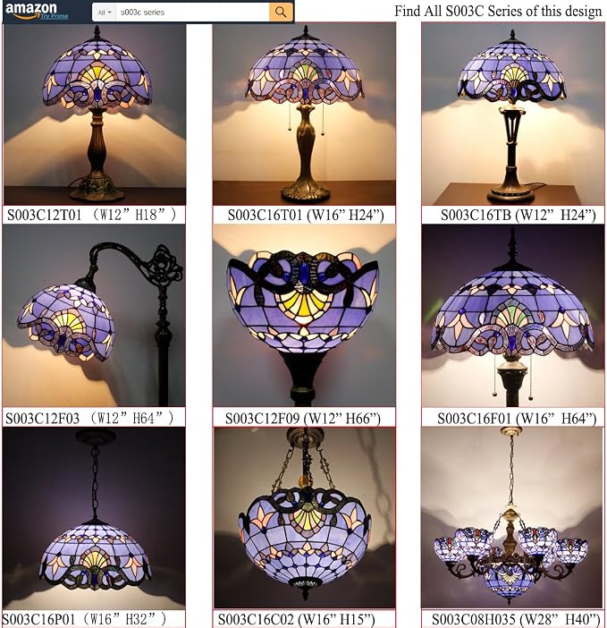 WERFACTORY Tiffany Table Lamp Blue Purple Stained Glass Baroque Style Reading Desk Light, Metal Leaf Base 8X10X21 Inches Decor Small Space Bedside Bedroom Home Office S003C Series